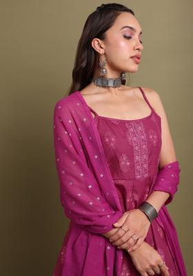 Purple Printed Polyester Kurta Set