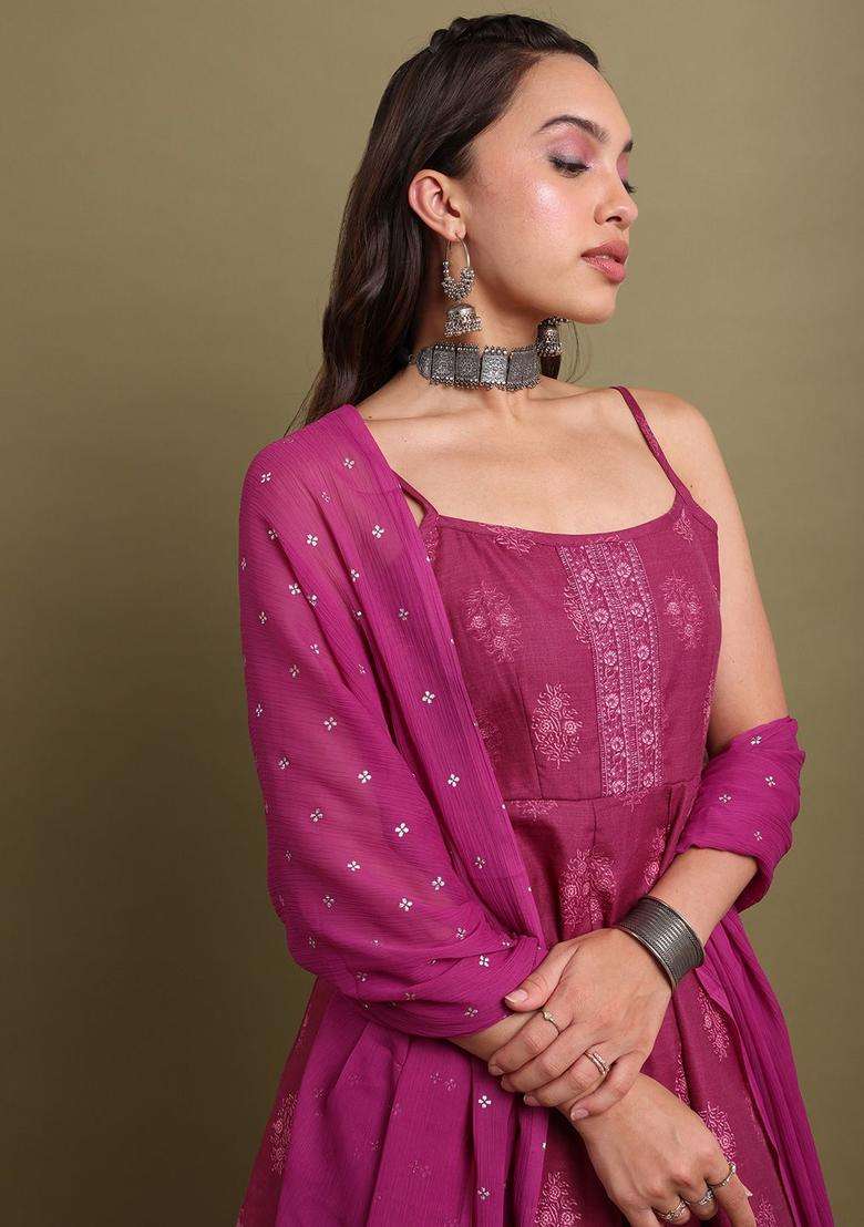 Purple Printed Polyester Kurta Set - Indya