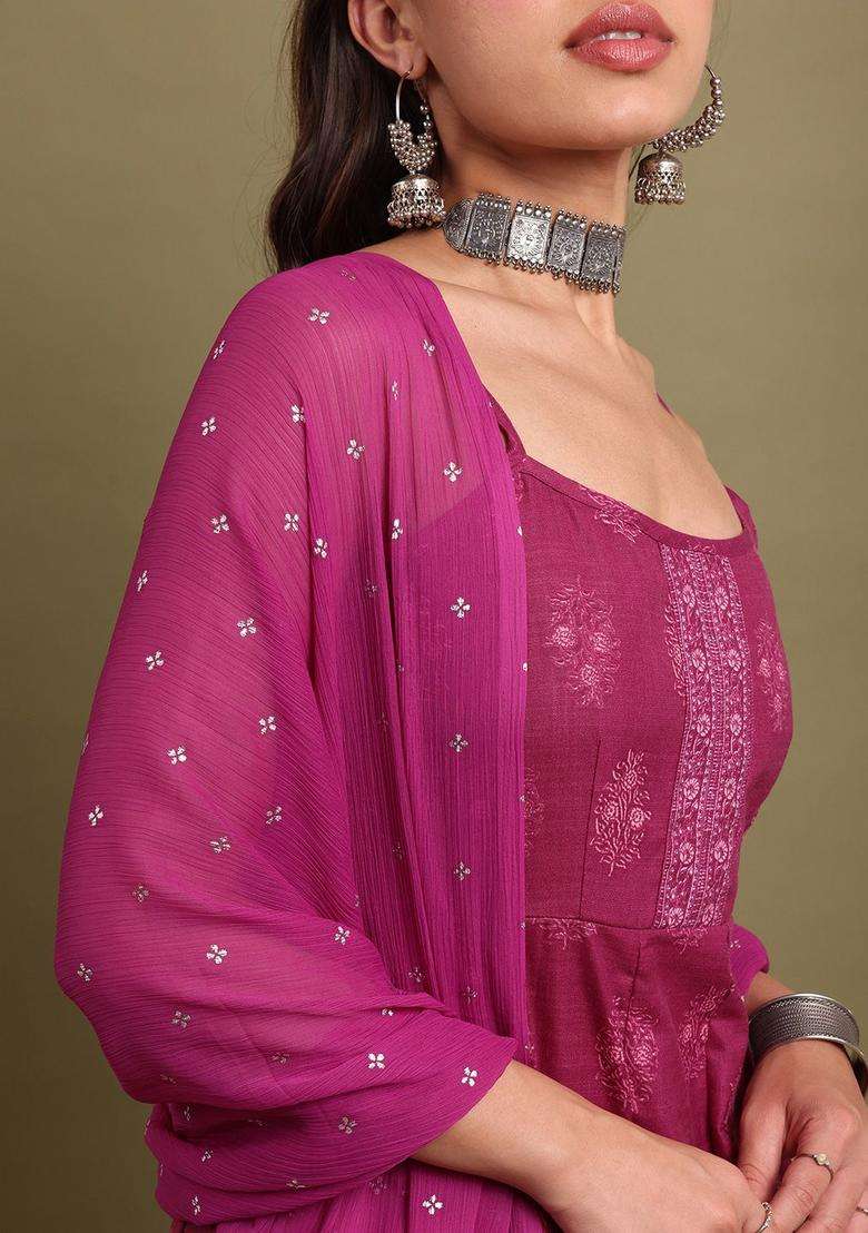Purple Printed Polyester Kurta Set - Indya