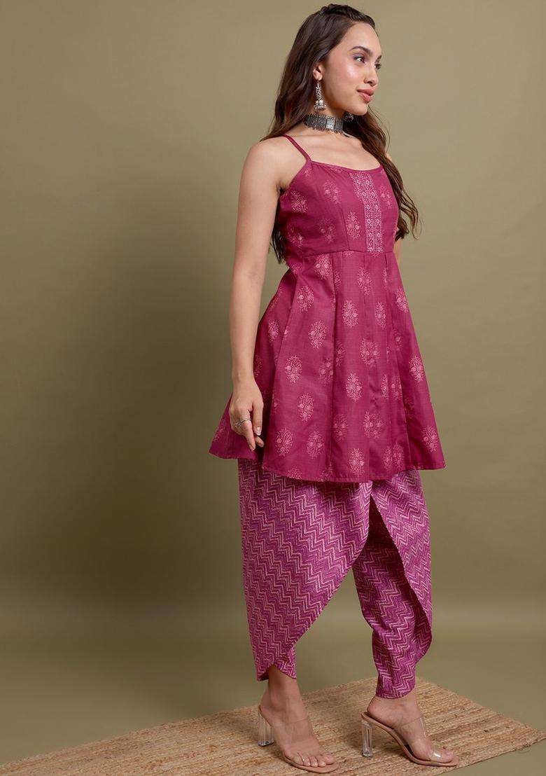 Purple Printed Polyester Kurta Set - Indya