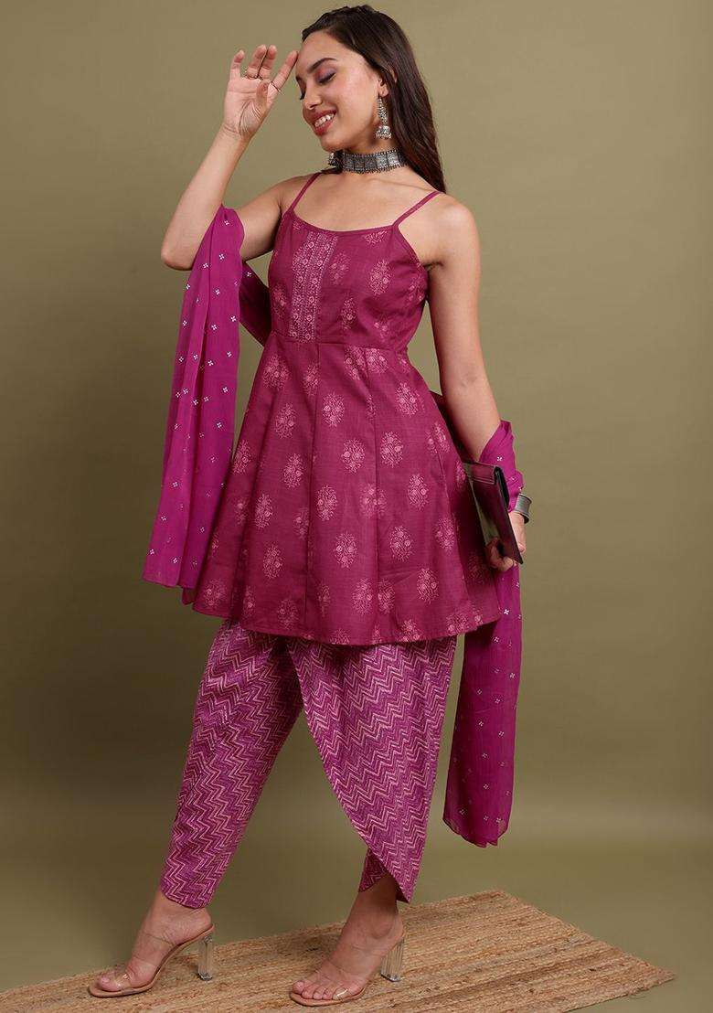 Purple Printed Polyester Kurta Set - Indya