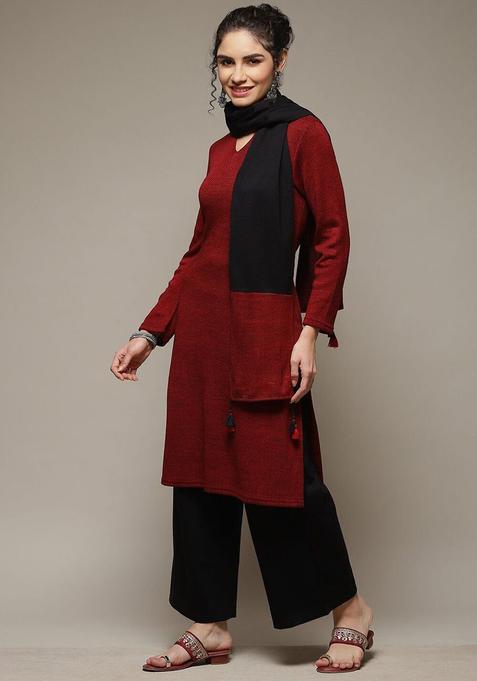 Maroon Woven Design Polyester Kurta Set — view on Indya