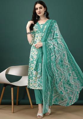 Sea Green Printed Cotton Kurta Set