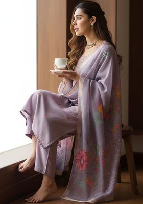 Lavender Printed Silk Kurta Set