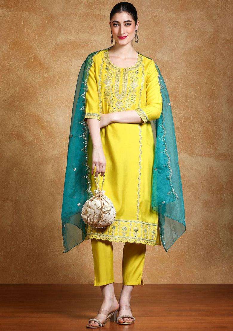 Lime Green Embroidered Silk Kurta Set - Indya