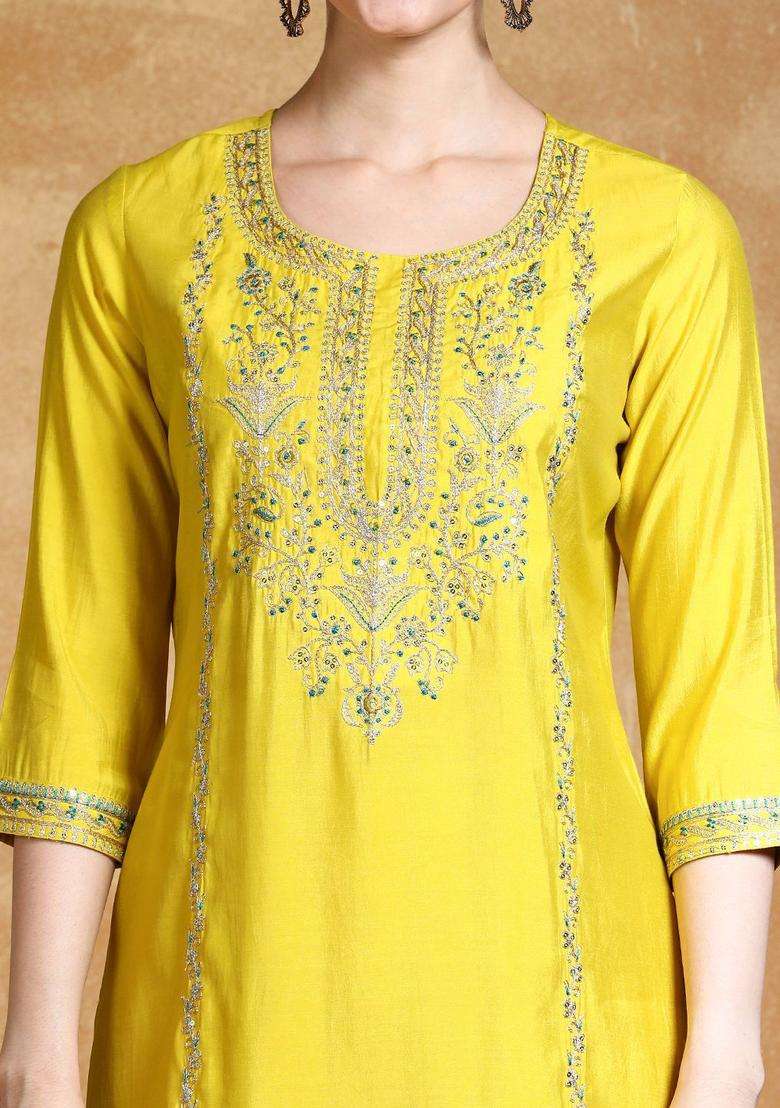 Lime Green Embroidered Silk Kurta Set - Indya