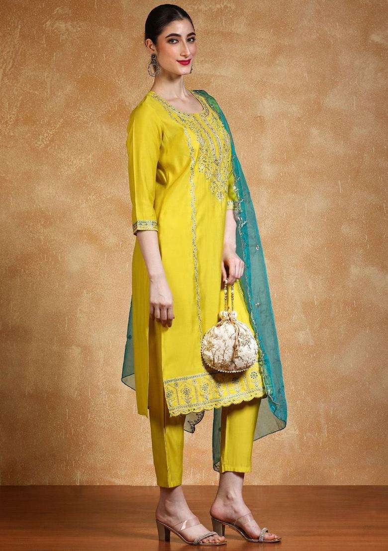 Lime Green Embroidered Silk Kurta Set - Indya