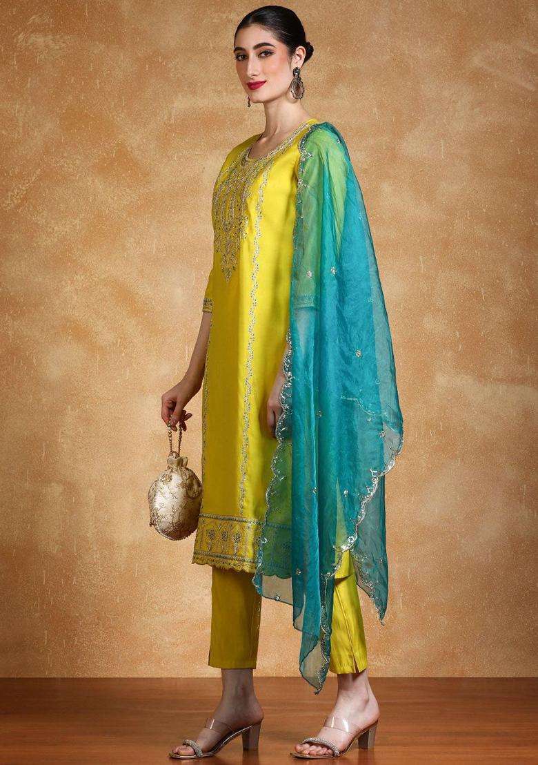 Lime Green Embroidered Silk Kurta Set - Indya
