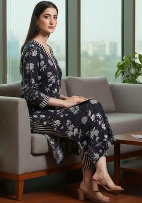 Navy Blue Printed Silk Blend Kurta Set