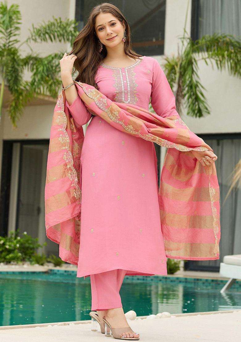Pink Printed Cotton Kurta Set - Indya