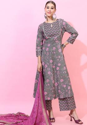 Grey Printed Cotton Kurta Set
