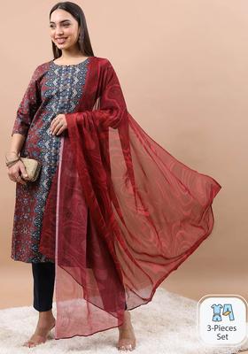 Red Printed Polyester Kurta Set