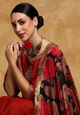 Rust Embroidered Silk Blend Kurta Set