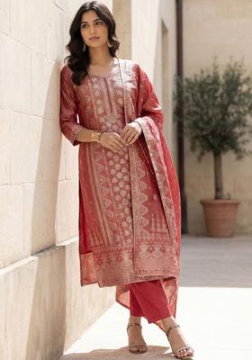 Red Woven Design Silk Blend Kurta Set
