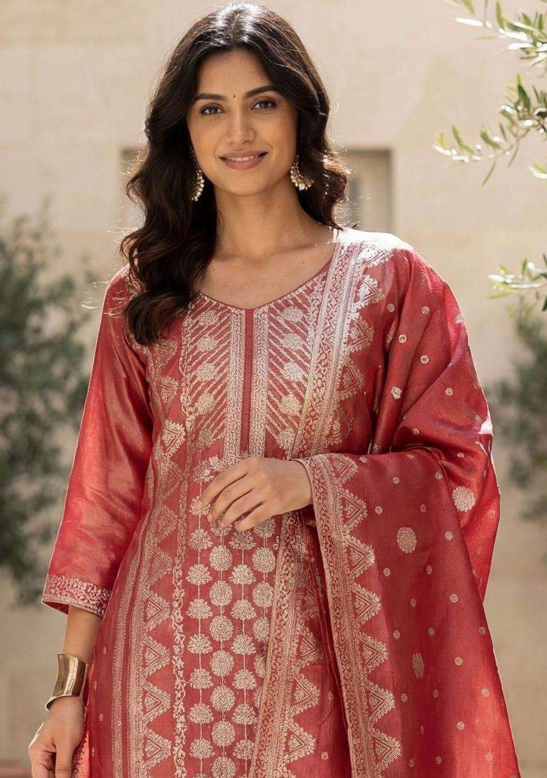 Red Woven Design Silk Blend Kurta Set - Indya