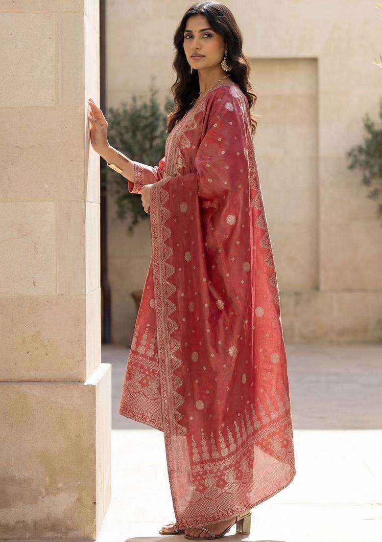 Red Woven Design Silk Blend Kurta Set - Indya
