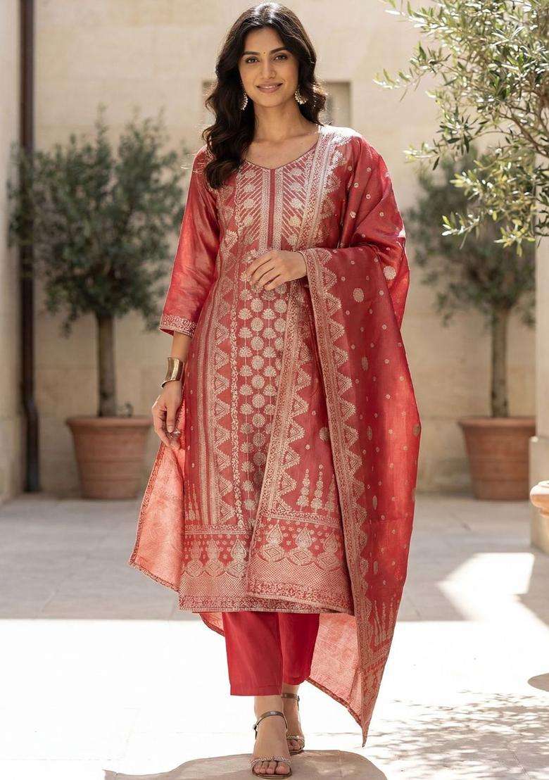 Red Woven Design Silk Blend Kurta Set - Indya