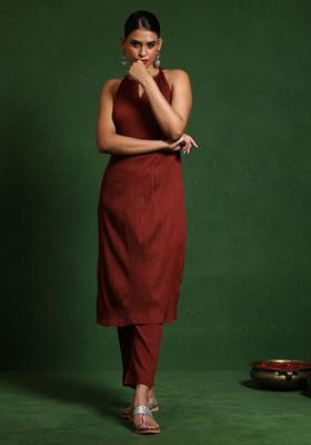 Brown Woven Design Silk Blend Kurta Set