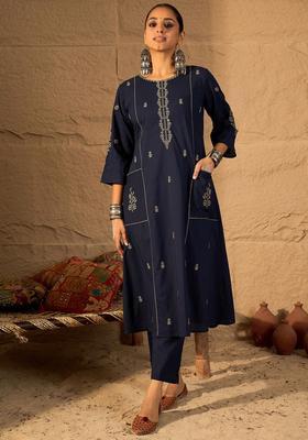 Navy Blue Embroidered Cotton Kurta Set