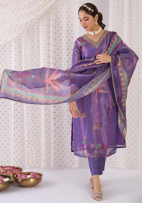 Lavender Printed Silk Kurta Set