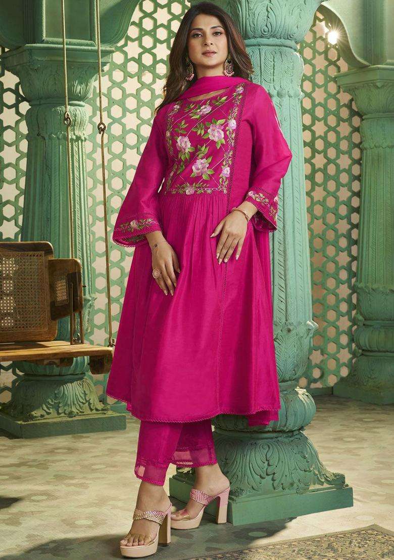 Pink Embroidered Silk Blend Anarkali Set - Indya