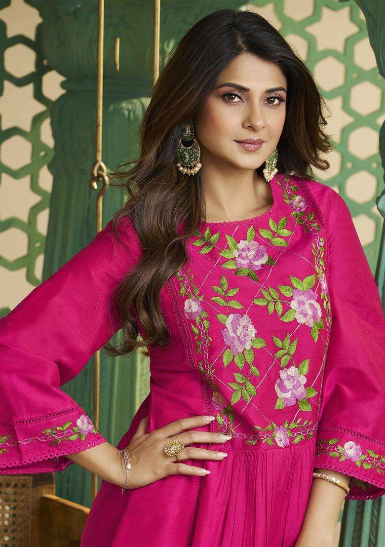 Pink Embroidered Silk Blend Anarkali Set - Indya