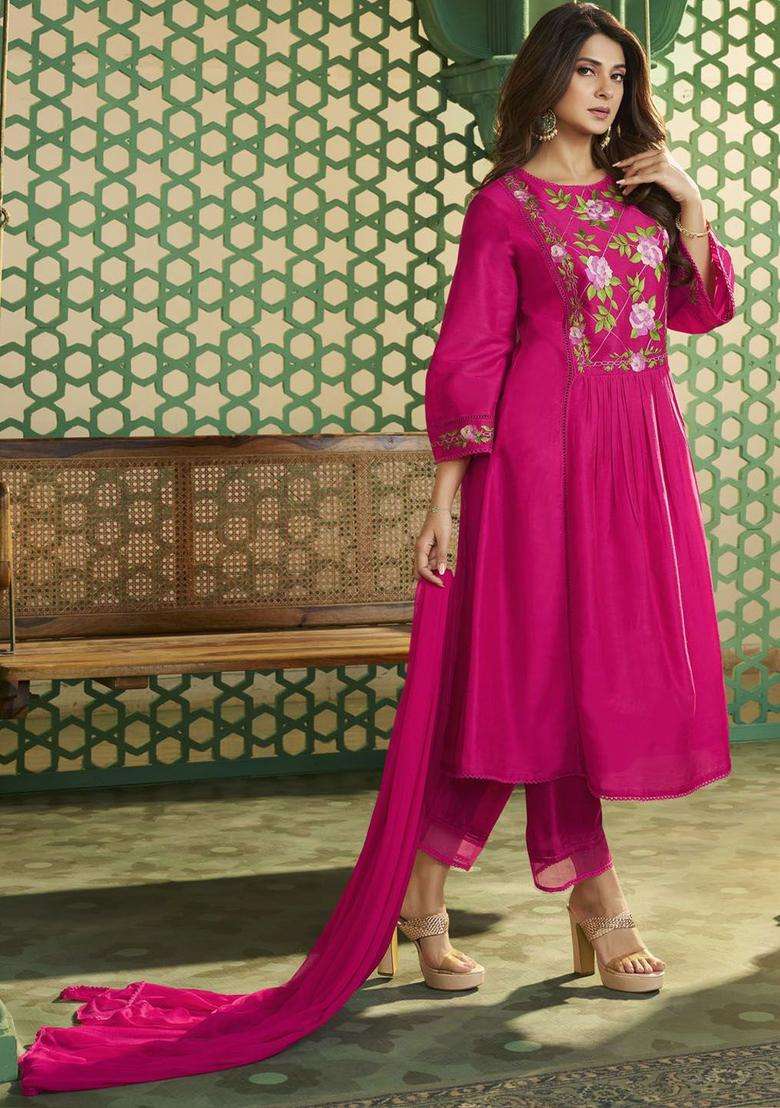Pink Embroidered Silk Blend Anarkali Set - Indya