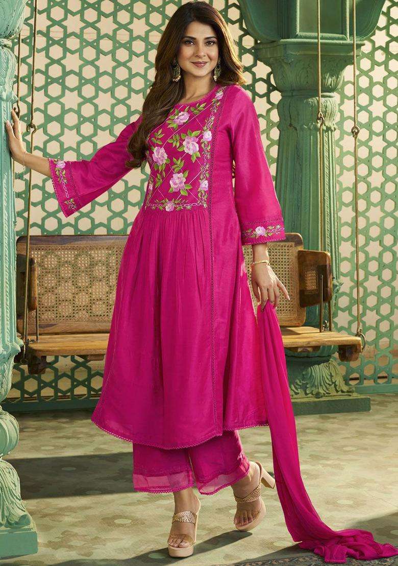 Pink Embroidered Silk Blend Anarkali Set - Indya