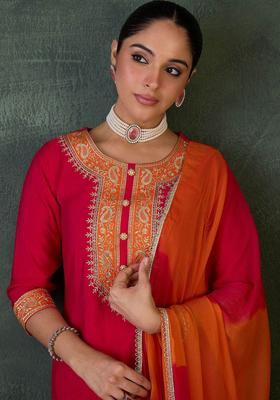 Pink Yoke Design Silk Blend Kurta Set