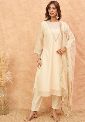 Off White Self Design Silk Blend Kurta Set