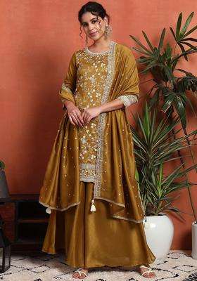 Golden Embroidered Silk Blend Kurta Set