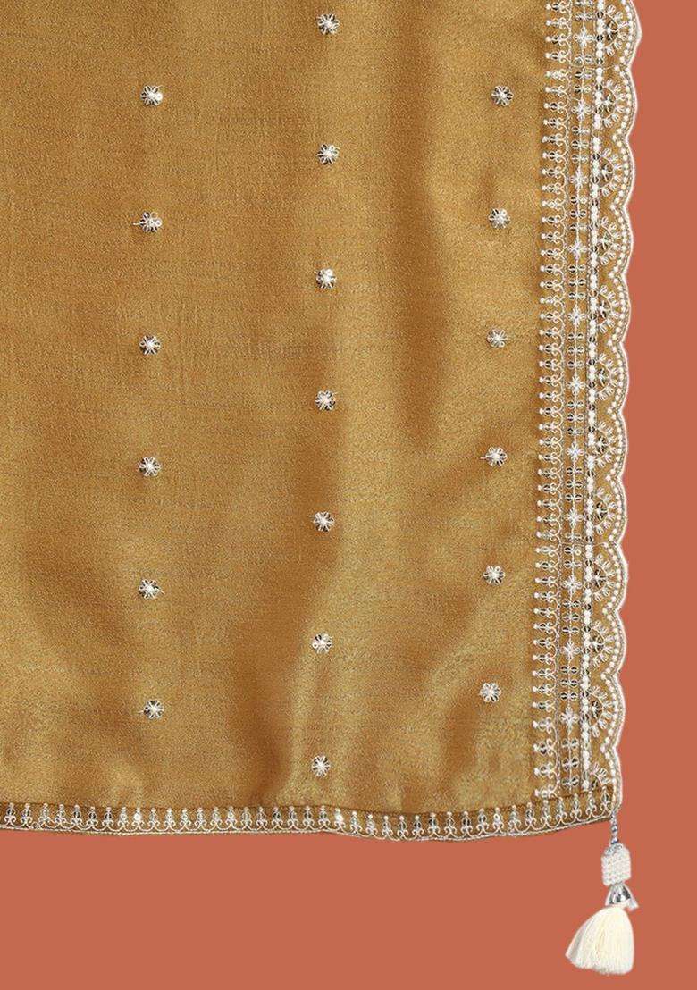 Golden Embroidered Silk Blend Kurta Set - Indya