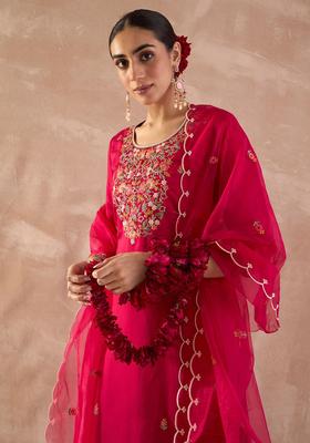 Fuchsia Embroidered Silk Kurta Set