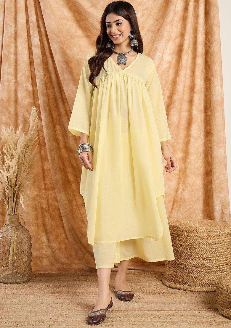 Yellow Solid Cotton Kurta Set - Indya