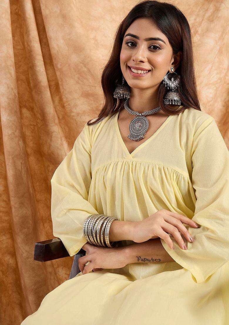 Yellow Solid Cotton Kurta Set - Indya