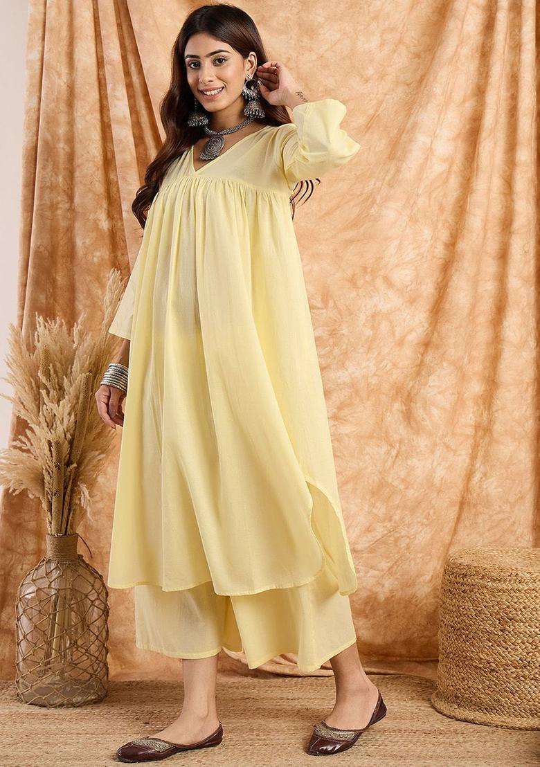 Yellow Solid Cotton Kurta Set - Indya