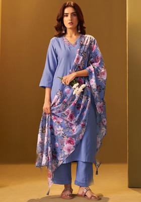 Blue Solid Cotton Kurta Set