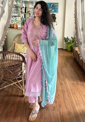 Lavender Embroidered Cotton Kurta Set