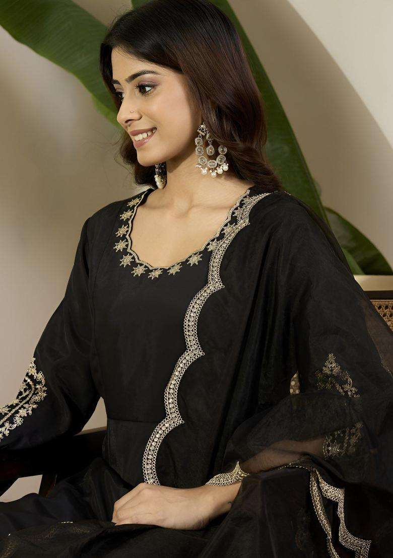 Black Embroidered Silk Blend Anarkali Set - Indya