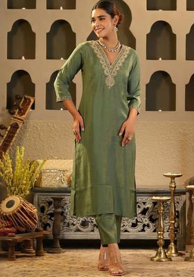 Olive Solid Silk Blend Kurta Set