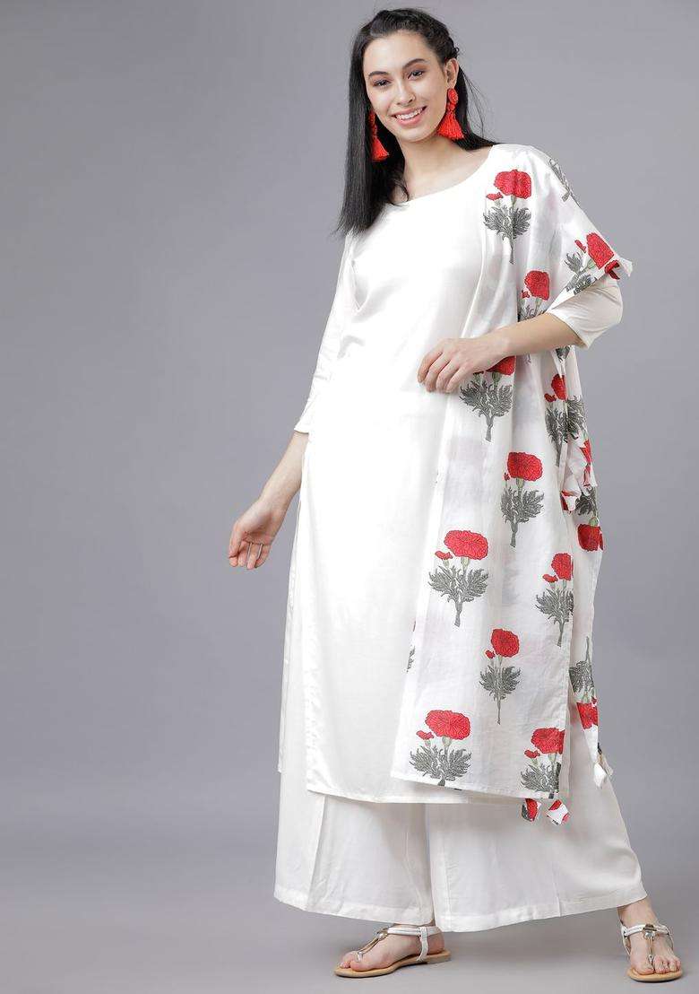 Off White Solid Viscose Kurta Set - Indya