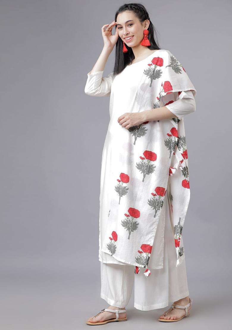 Off White Solid Viscose Kurta Set - Indya
