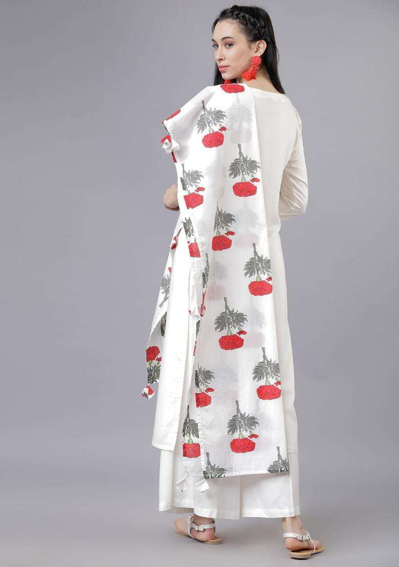 Off White Solid Viscose Kurta Set - Indya