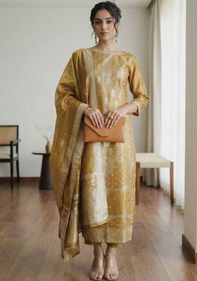 Golden Woven Design Silk Blend Kurta Set