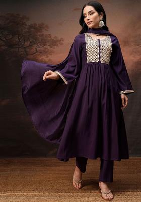 Purple Embroidered Polyester Kurta Set