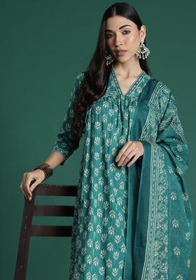 Teal Printed Cotton Kurta Set