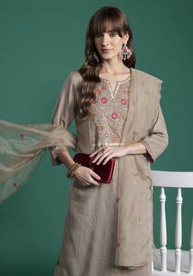 Brown Embroidered Silk Blend Kurta Set