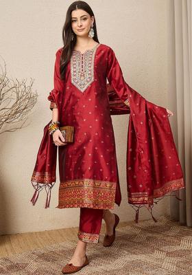 Maroon Woven Design Silk Blend Kurta Set