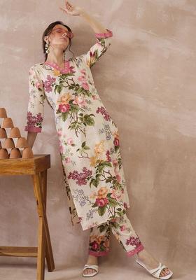 Cream Printed Cotton Kurta Set