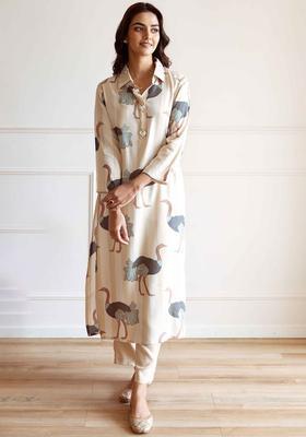 Beige Printed Viscose Kurta Set